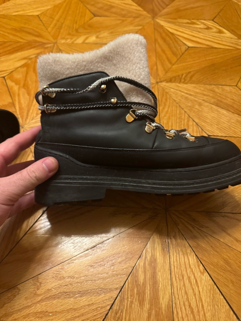 Chanel Black and Shearling-Trim Lace-Up Winter Snow Boots - Picture 6 of 16